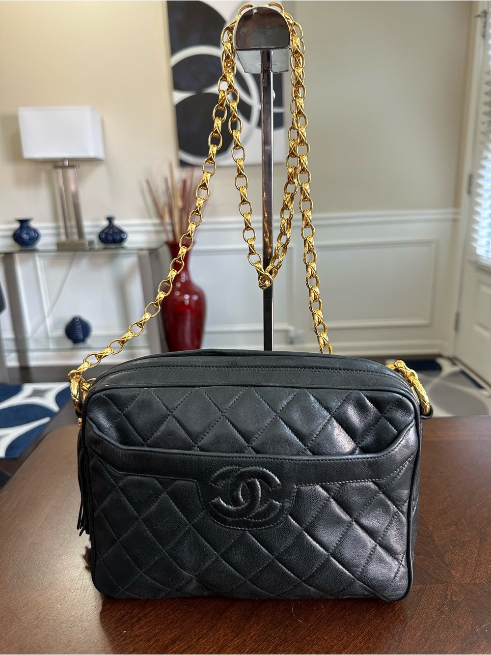 CHANEL Black Quilted Lambskin Shoulder Camera Bag with Gold Chain